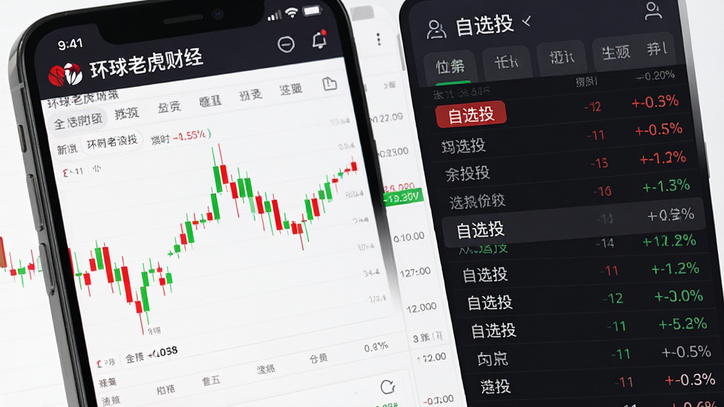 一张展示“环球老虎财经”实时行情功能的AI生图,主体为手机屏幕显示股票K线图与自选股列表,布局为左侧行情图表右侧数据面板,排版紧凑有序,风格为专业金融终端风格,细节包括红绿K线、涨跌幅百分比、自选股标签,画质高清,干净,无多余元素