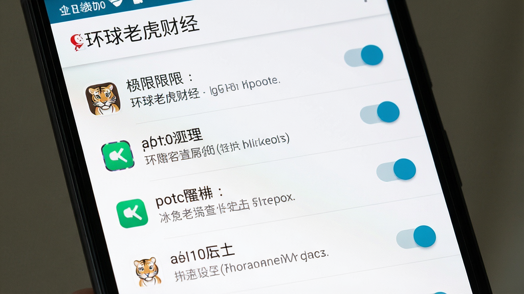 一张展示“环球老虎财经”手机应用安装设置界面的AI生图,主体为手机屏幕显示权限管理页面,布局为列表式权限开关,排版清晰,风格为安卓系统设置界面风格,细节包括权限图标、开关按钮、提示文字,画质高清,干净,无多余元素