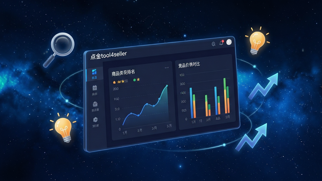 一张展示点金tool4seller智能选品分析功能的示意图,画面中央为一块悬浮的数据仪表盘,仪表盘上显示商品类目排名、关键词搜索量曲线与竞品价格对比柱状图,仪表盘周围漂浮着放大镜、灯泡与上升箭头图标,布局为居中环绕式,风格为科技感数据可视化风,细节上仪表盘边缘标注“点金tool4seller”文字,背景为深蓝色星空渐变,画质高清,干净无杂乱元素