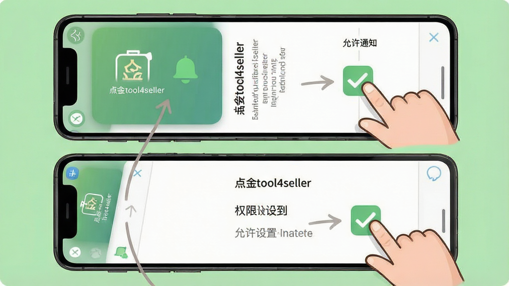 一张展示点金tool4seller新手操作指引的示意图,画面中一部手机屏幕显示安装步骤与权限设置界面,屏幕旁有手指点击图标与勾选标记,布局为上下步骤式排列,风格为简洁教程插画风,细节上屏幕内标注“点金tool4seller”与“允许通知”文字,背景为浅绿色,画质清晰,干净无多余元素