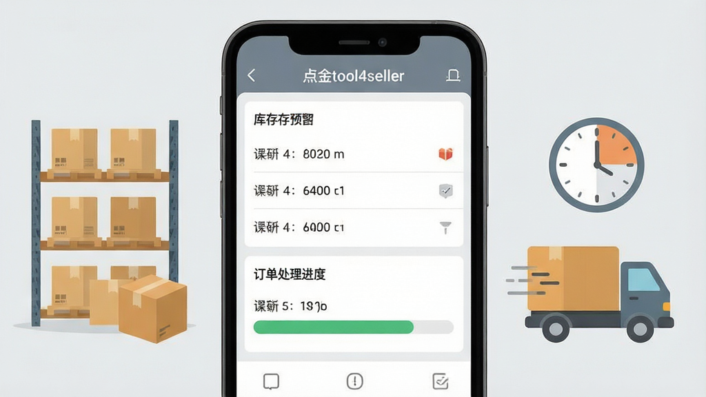 一张展示点金tool4seller库存与订单监控功能的界面图,画面中手机屏幕显示库存预警列表与订单处理进度条,屏幕左侧为仓库货架与包裹图标,右侧为物流卡车与时钟图标,布局为左右对称式,风格为扁平化实用工具风,细节上屏幕顶部标注“点金tool4seller”名称,背景为浅灰色,画质清晰,干净整洁,无多余元素