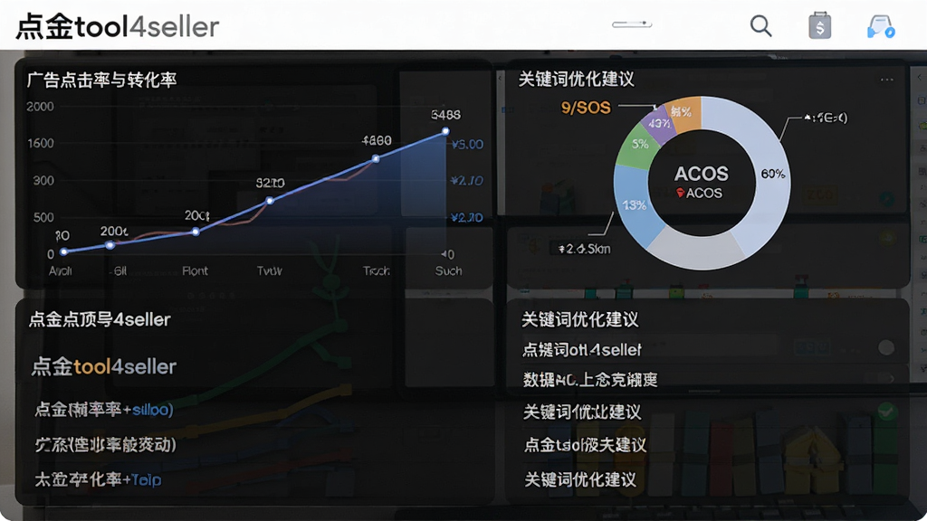一张展示点金tool4seller广告投放追踪功能的图表图,画面中显示广告点击率与转化率的折线图、ACOS数据环形图与关键词优化建议列表,布局为上下分层式,风格为简约数据报告风,细节上图表标题标注“点金tool4seller”,背景为白色,画质高清,干净无多余装饰