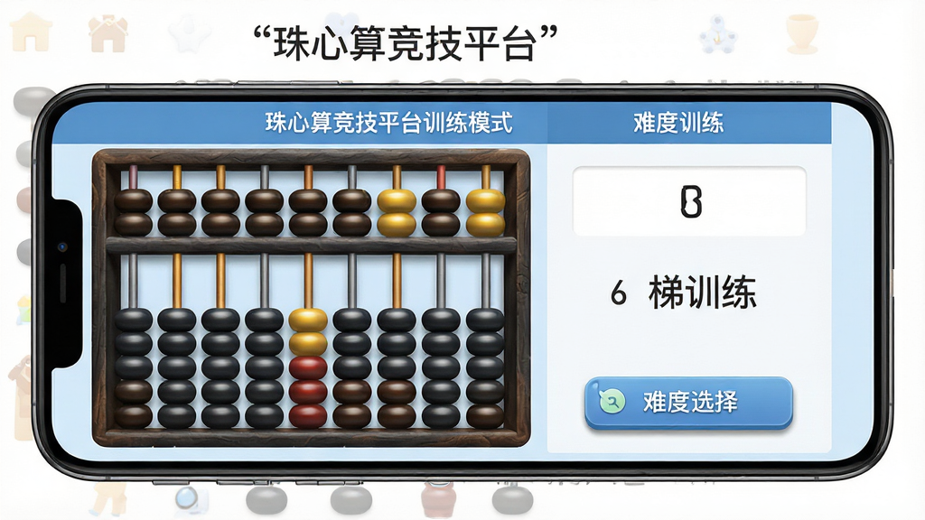 一张珠心算竞技平台训练模式界面的AI生图,主体为安卓手机横屏展示珠心算训练题库界面,布局左侧为虚拟算盘区域、右侧为答题输入区和难度选择按钮,排版采用左右分栏结构,风格为教育类应用清爽界面,细节上算珠有高光质感、数字清晰、按钮有轻微阴影,画质高清干净无多余元素,画面中文字使用引号标注“珠心算竞技平台”和“阶梯训练”。