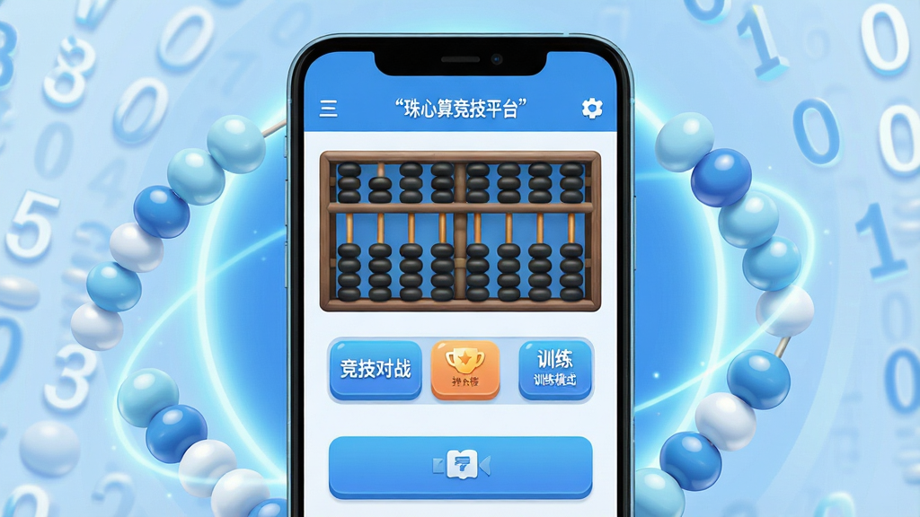 一张展示珠心算竞技平台核心全貌的场景图,主体为一部安卓手机屏幕,屏幕中显示珠心算竞技平台的主界面,包含虚拟算盘、竞技对战按钮、排行榜图标和训练模式入口,布局采用居中展示手机主体,周围环绕淡蓝色光晕和数字算珠的装饰元素,排版清晰突出手机屏幕内容,风格为现代科技感与教育类应用结合的扁平化设计,细节上屏幕内UI元素精致、按钮有微立体质感、算珠圆润有光泽,画质高清干净无多余元素,整体色调以蓝白为主,画面中文字使用引号标注“珠心算竞技平台”。