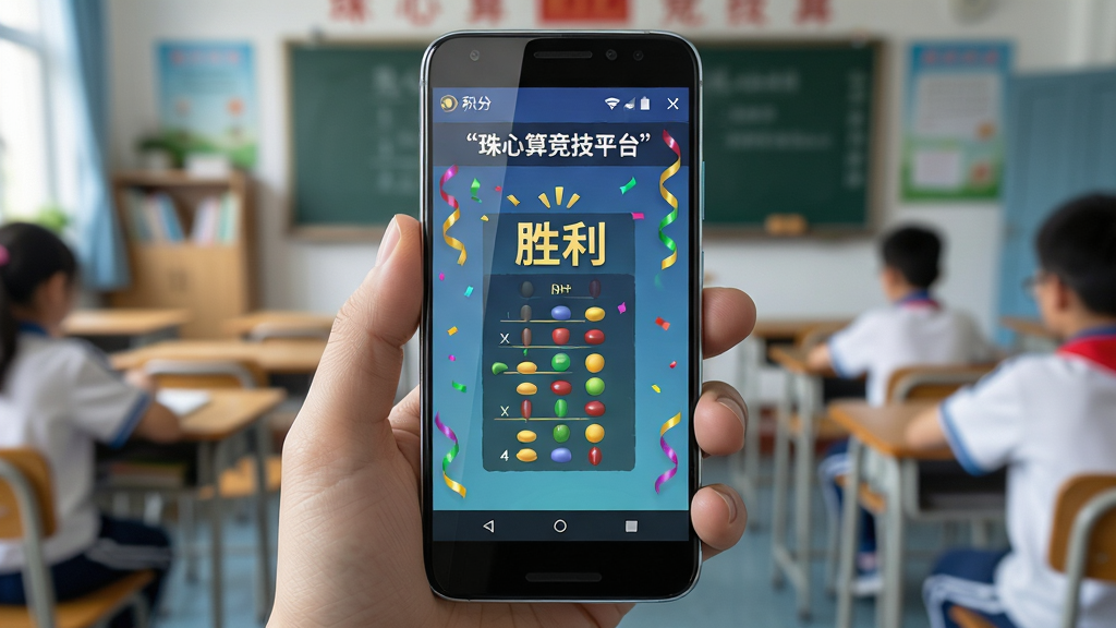 一张展示珠心算竞技平台在安卓手机上运行流畅的AI生图,主体为一部手持安卓手机,屏幕显示珠心算竞技平台的对战胜利结算页面,布局为手机居中、背景为模糊的教室或书房环境,排版突出手机屏幕内容,风格为真实生活场景与科技应用结合,细节上手机边框有反光、屏幕内显示积分和排名变化、有彩带庆祝效果,画质高清干净无多余元素,画面中文字使用引号标注“珠心算竞技平台”和“胜利”。