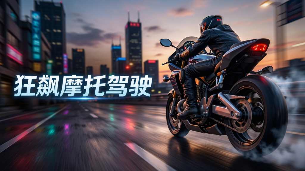 画面主体是一辆炫酷的重型摩托车在黄昏时分的城市公路上高速飞驰,车手俯身压低重心,背景是模糊的城市天际线与霓虹灯光,布局采用横向宽幅构图突出速度感,排版上摩托位于画面右侧三分之一处,左侧留白处用发光字体标注“狂飙摩托驾驶”,风格为写实竞速游戏宣传图,细节包含轮胎摩擦产生的烟雾、路面反光、仪表盘残影,画质为高清4K,干净,无多余元素