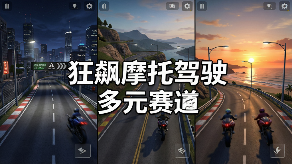 游戏内多条赛道并排展示的场景,左侧为城市夜景赛道,中间为盘山公路赛道,右侧为海滨日落赛道,布局采用三格横向拼接,排版整齐,风格为游戏界面截图风格,细节包含赛道旁的护栏、路标、路灯与远处风景,画面中央用白色描边字体写“狂飙摩托驾驶 多元赛道”,画质清晰,干净,无多余元素