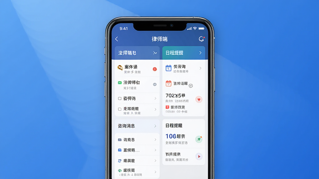 ������ʦ��Ӧ��������չʾ������������һ�������ֻ�����Ļ��ʾ��ʦ��APP��ҳ���֣����������б�����ѯ��Ϣ���ճ����ѵ�ģ�飬����Ϊ������ɫ���䣬�������רҵ��ϸ�����������ʸɾ����޶���Ԫ��