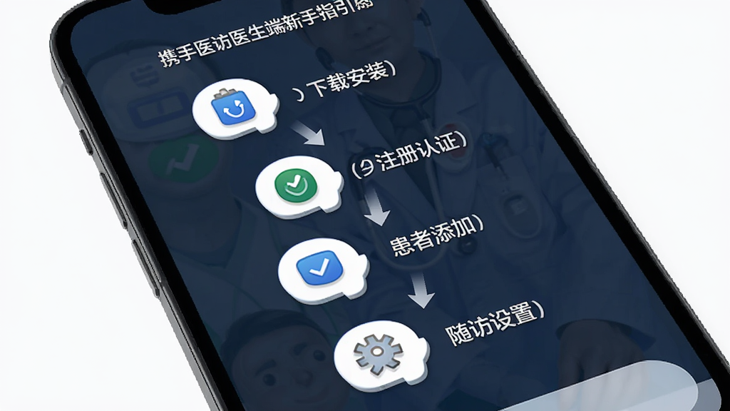 携手医访医生端新手指引界面,画面展示手机屏幕中分步操作指引,包含下载安装、注册认证、患者添加、随访设置等步骤图标,周围有箭头引导与文字标注,整体布局为纵向步骤流程,风格为简洁教程风,细节清晰,画质高清,干净,无多余元素