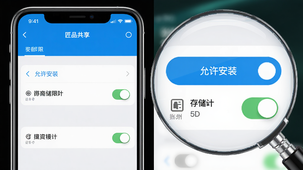 ��Ʒ����APP��װȨ����������ͼ������չʾ�ֻ���Ļ�ϵ����ò˵���Ȩ�޿��أ�����Ϊ���ҷ��������Ϊ�ֻ��߿��Ҳ�Ϊ�Ŵ�ϸ��չʾ�����Ϊдʵ�Ƽ��磬ϸ�ڰ�����������װ����ť�ʹ洢Ȩ��ͼ�꣬�����������ɾ����޶���Ԫ��