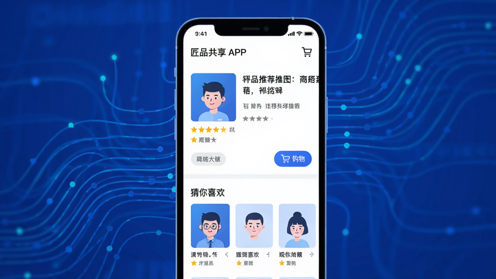 ��Ʒ����APP��Ʒ����ҳ���Ƽ��㷨ʾ��ͼ����������Ϊ�ֻ���Ļ��ʾ��Ʒͼ������͡�����ϲ����ģ�飬����Ϊ�������ɫ���������������Ϊ�Ƽ��б�ƽ�廭��ϸ�ڰ����������ۡ����ﳵ��ť���Ƽ���ǩ�������������ɾ����޶���Ԫ��