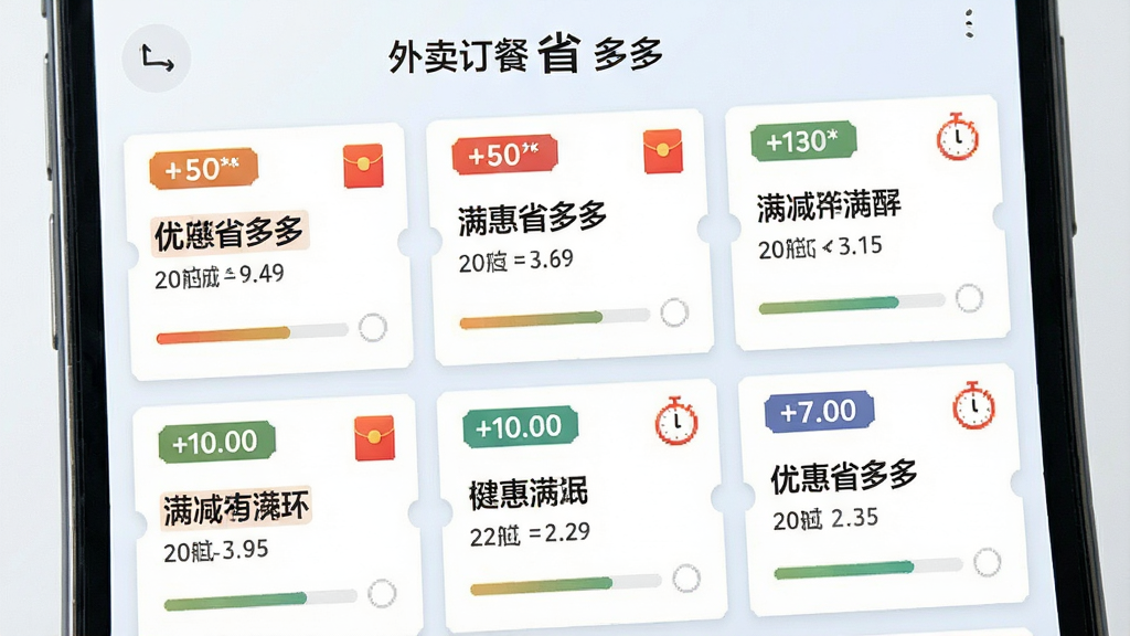 外卖订餐省多多智能优惠聚合功能展示,主体为手机屏幕特写,布局为三列网格排列的优惠券卡片,每张卡片带有不同的折扣标签和倒计时图标。排版整齐,风格为清新浅色科技风,细节包含红包图标、满减文字、进度条等元素,画面中文字标注“外卖订餐省多多”,画质干净清晰,无多余元素。