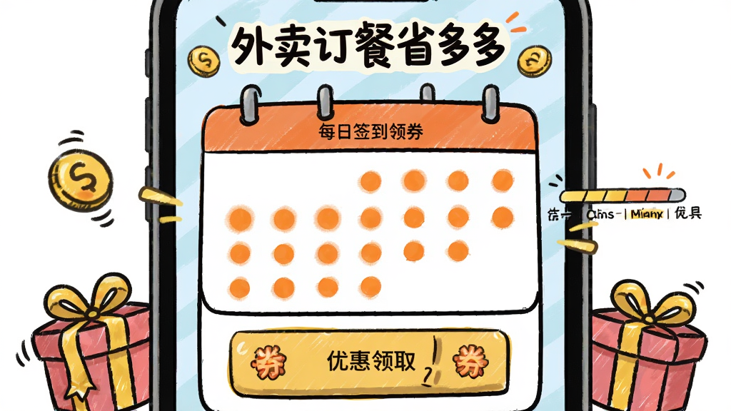 外卖订餐省多多每日签到领券页面,主体为手机屏幕正视图,布局为日历式签到面板,已签到日期用橙色圆点标记,下方为优惠券领取按钮。排版活泼,风格为卡通手绘风,细节包含金币、礼盒、进度条等元素,画面中文字标注“外卖订餐省多多”,画质清晰干净,无多余元素。