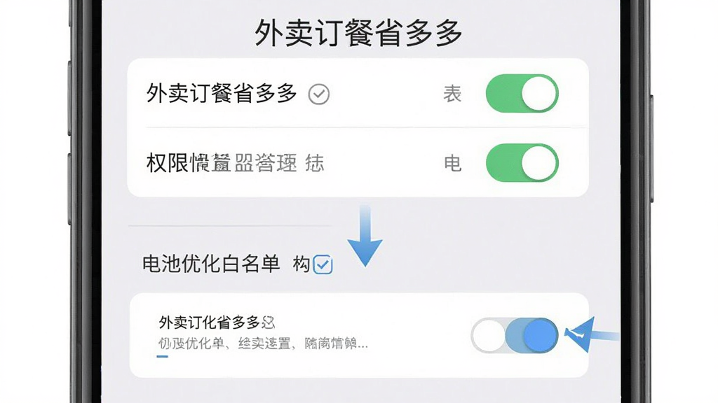 外卖订餐省多多安装与权限设置示意图,主体为手机设置界面截图风格,布局为上下分步展示,上方为权限开关列表,下方为电池优化白名单勾选示意。排版清晰,风格为扁平化UI风格,细节包含开关按钮、提示文字、箭头指引等元素,画面中文字标注“外卖订餐省多多”,画质干净清晰,无多余元素。