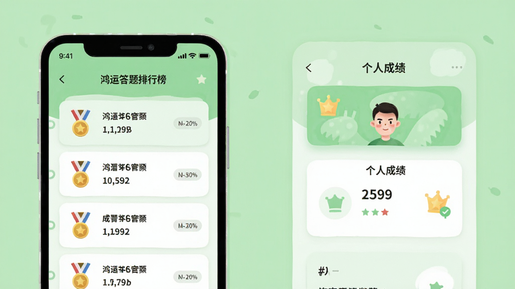 一张展示鸿运答题排行榜与成绩记录页面的手机截图风格插画,画面中手机屏幕上显示排行榜列表与个人成绩卡片,背景为浅绿色,排版为卡片式布局,风格为简约清新UI风格,细节包括奖牌图标与分数数字的展示,画质清晰,画面干净整洁