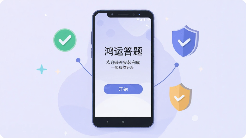 一张展示鸿运答题在安卓手机上安装完成后首次打开界面的场景插画,画面中手机屏幕显示欢迎页面与开始按钮,背景为浅紫色渐变,排版为居中布局,风格为扁平化科技插画风,细节包括手机周围的安装完成勾选图标与安全盾牌图标,画质清晰干净,无多余元素