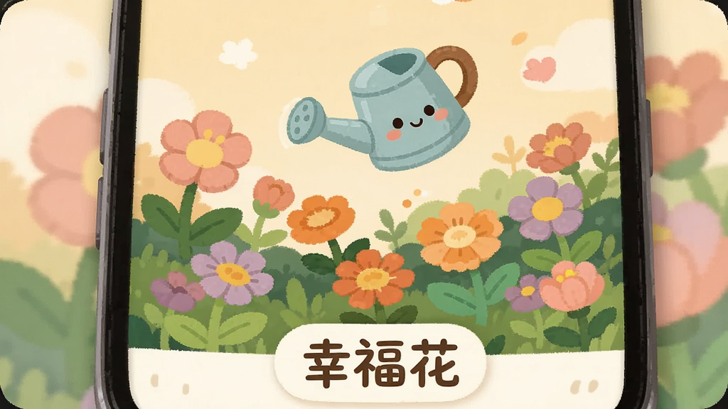 手机屏幕特写,屏幕里显示一片卡通花园,各种颜色的花朵正在绽放,一个可爱的小水壶悬浮在花丛上方,画面下方有“幸福花”文字标识,背景是柔和的暖色调,扁平插画风格,细节丰富,画质干净,无多余元素