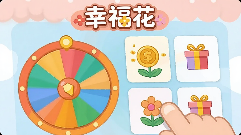 卡通风格的手机界面,界面中有一个彩色转盘和几个任务卡片,卡片上画着花朵、金币和礼物盒,一只手指正在点击屏幕,屏幕上方有“幸福花”字样,整体配色活泼,扁平化设计,画质清晰,干净无杂物