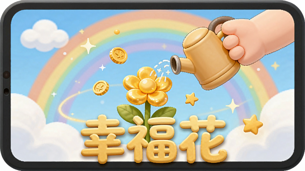 一只圆润可爱的卡通小手正在给屏幕上的一朵金色小花浇水,花朵周围环绕着金币和星星,背景是蓝天白云和彩虹,画面中央有“幸福花”三个立体字,整体风格清新明快,扁平化插画,色彩温暖柔和,画质清晰干净,无多余元素
