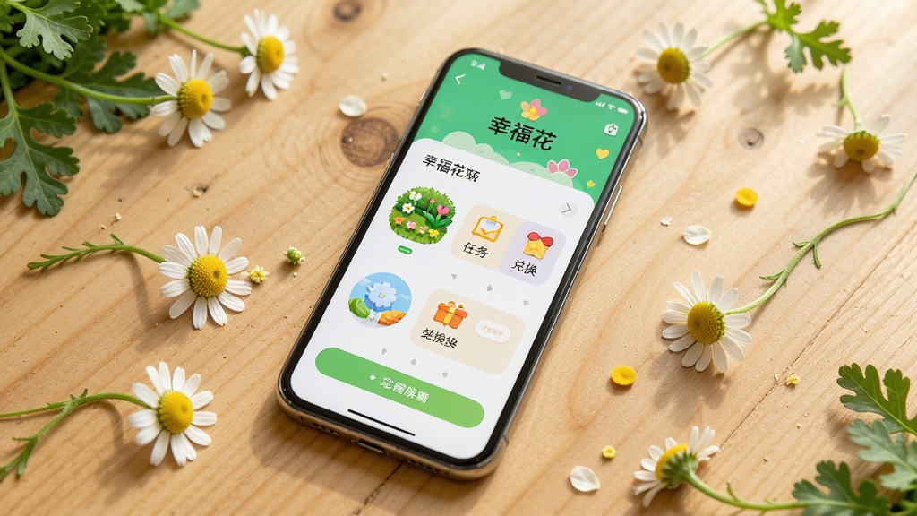 一部智能手机放在木质桌面上,屏幕里显示“幸福花”应用的主界面,界面上有花园、任务、兑换等图标,周围散落着几朵小雏菊和绿叶,画面光线柔和,风格清新自然,画质清晰,无多余元素