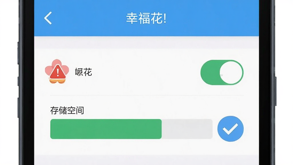 手机屏幕显示“幸福花”应用的设置界面,界面中有权限开关和存储空间条,旁边有一个红色的警示标志和蓝色的对勾标志,背景简洁,扁平化风格,画质清晰,无多余元素