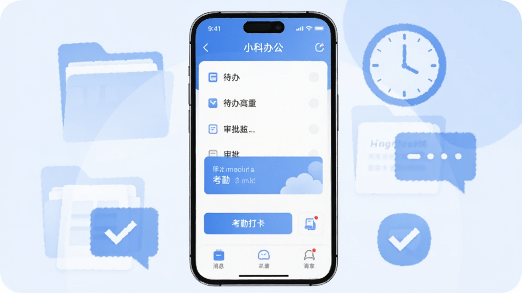 整体画面以浅蓝色和白色为主色调,中央放置一部智能手机,手机屏幕显示小科办公应用主界面,界面包含待办列表、审批卡片、考勤打卡按钮和消息通知图标,手机周围环绕着半透明的办公元素如文件夹、时钟、对话气泡和勾选标记,采用扁平化插画风格,线条简洁,画面干净整洁,无多余装饰元素,高清画质,适合软件下载站展示。