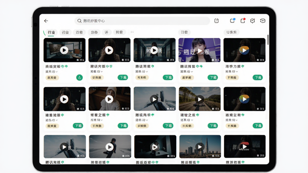 海量模板与素材库界面,主体为平板电脑屏幕展示腾讯妙思模板中心,布局为网格状缩略图排列,排版为顶部搜索栏加下方瀑布流,风格为清新明亮,细节包括各类视频模板封面、行业分类标签、下载按钮,画质清晰,干净,无多余元素