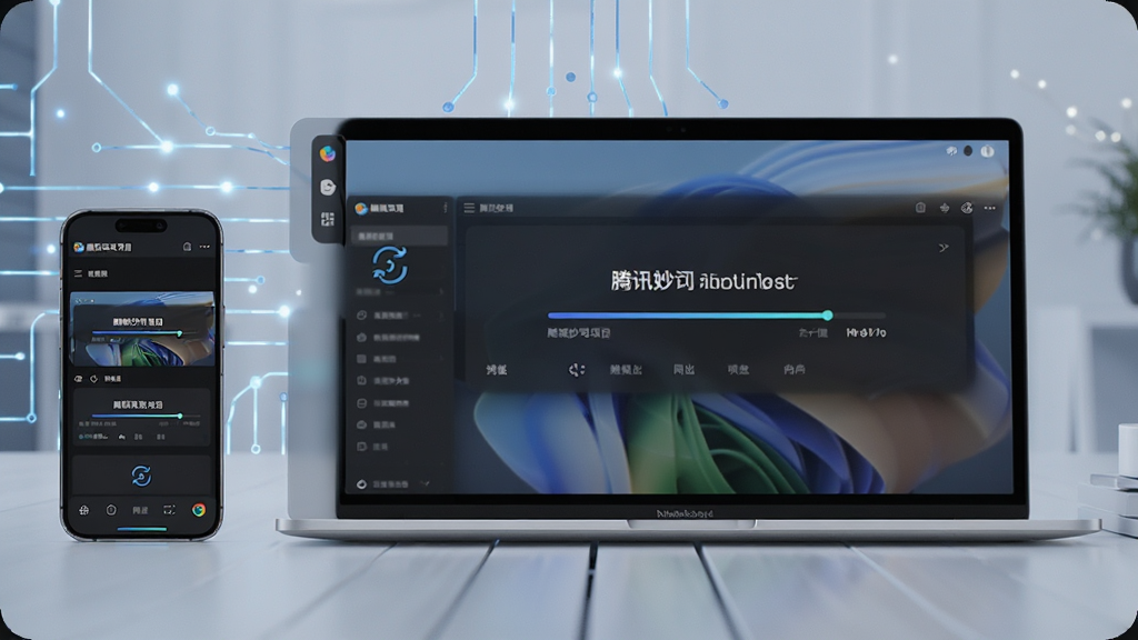 一键合成与多端同步展示,主体为手机和笔记本电脑并排显示腾讯妙思项目同步界面,布局为左右对比,排版为居中对称,风格为科技互联感,细节包括两台设备屏幕均显示同一视频项目进度条和同步图标,画质清晰,干净,无多余元素