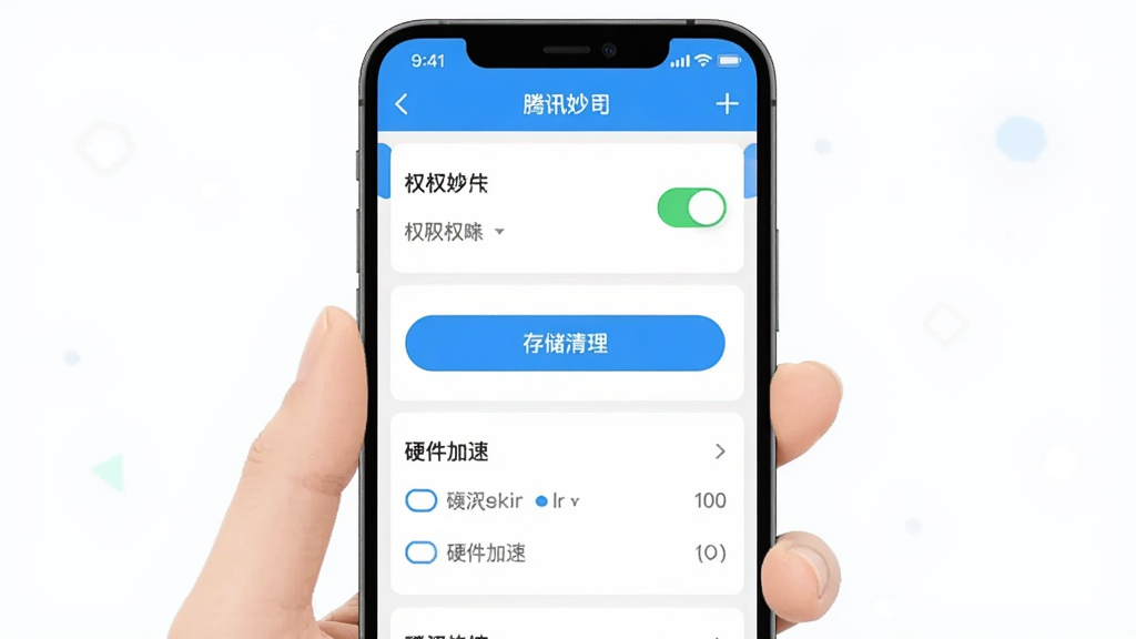 腾讯妙思移动端使用攻略示意图,主体为手持手机展示腾讯妙思应用内设置界面,布局为手机屏幕居中,排版为竖向列表,风格为扁平化设计,细节包括权限开关、存储清理按钮、硬件加速选项,画质清晰,干净,无多余元素
