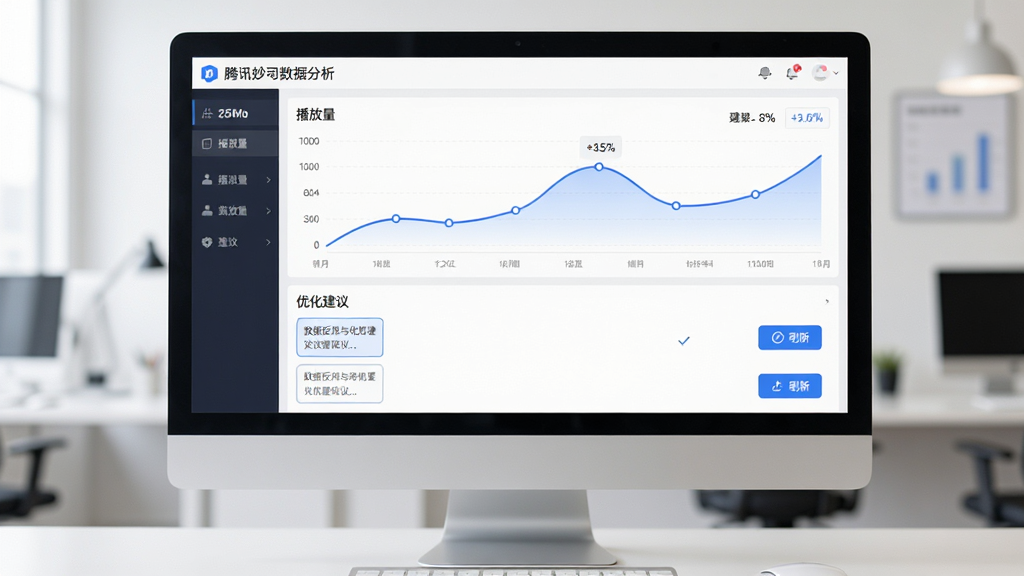 数据反馈与优化建议界面,主体为电脑屏幕展示腾讯妙思数据分析面板,布局为上方折线图下方建议列表,排版为上下结构,风格为商务专业,细节包括播放量曲线图、优化建议文字框、刷新按钮,画质清晰,干净,无多余元素