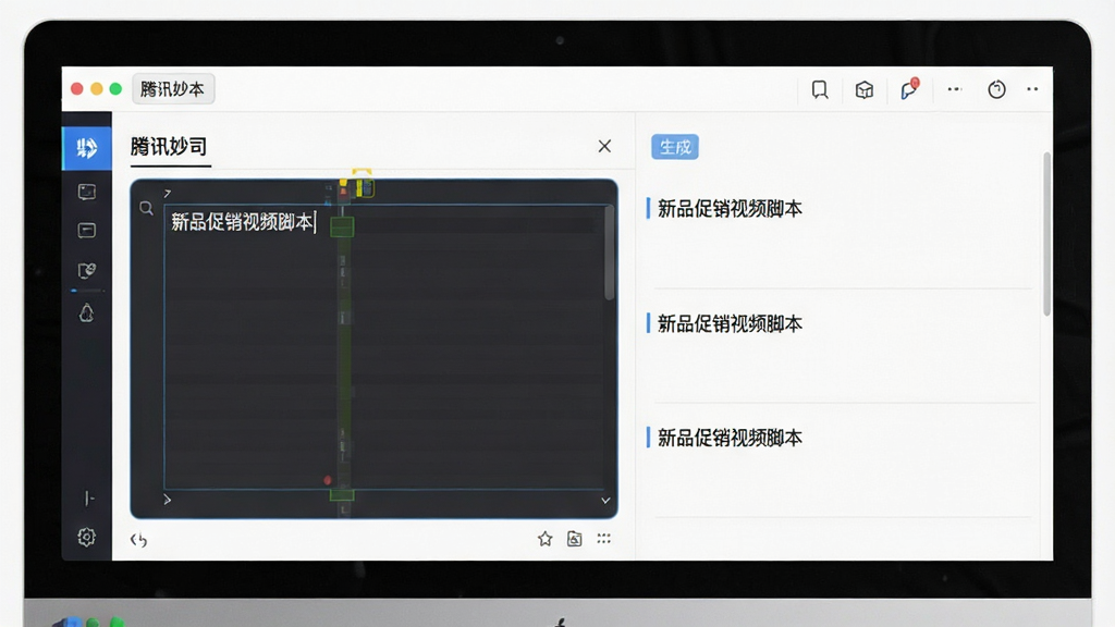 AI智能脚本生成界面,主体为电脑屏幕上显示腾讯妙思的脚本编辑窗口,布局为左侧输入框右侧生成结果列表,排版为两栏式,风格为简洁办公风,细节包括输入框内写着“新品促销视频脚本”,右侧列出三条不同脚本方案,画质清晰,干净,无多余元素