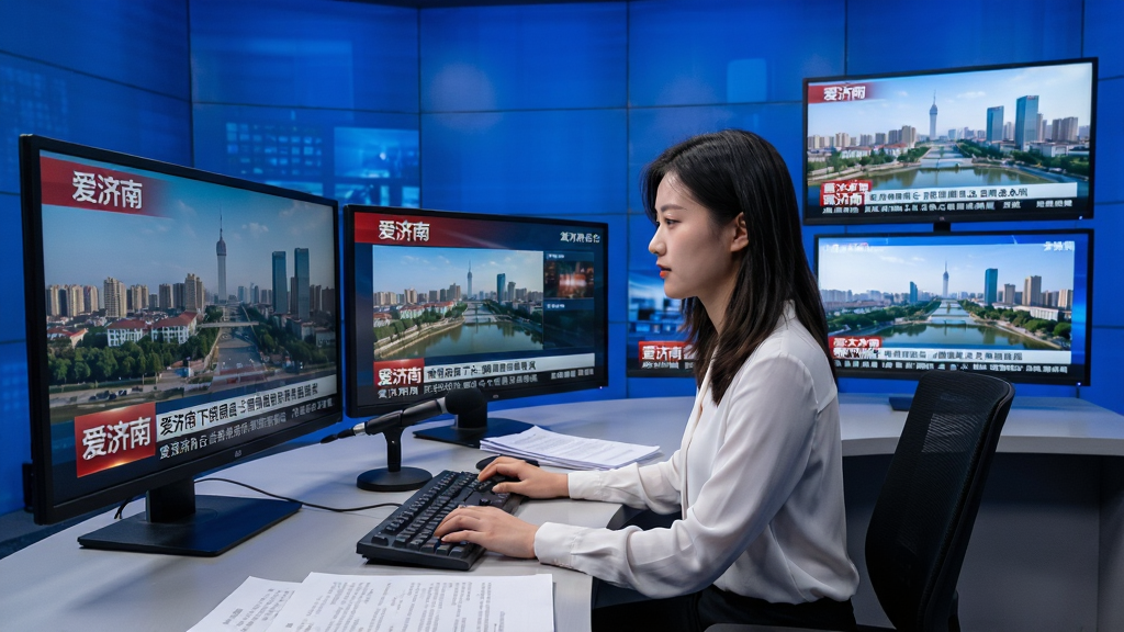 主体为一位年轻编辑坐在现代化新闻演播室中,面前是多块显示“爱济南”新闻后台的屏幕,屏幕上呈现济南城市画面与滚动新闻标题;布局为编辑居中,屏幕环绕形成工作场景;排版层次分明,前景编辑操作键盘,背景为蓝色调新闻墙;风格为写实新闻摄影风;细节包括屏幕发光、新闻标题可辨识、桌面有麦克风与稿件;画质为高清、干净、无多余元素