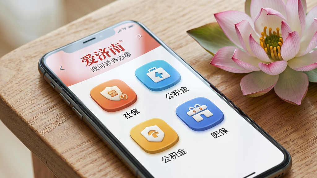 主体为手机屏幕特写,显示“爱济南”政务办事页面,包含社保、公积金、医保等图标按钮;布局为手机斜放于木质桌面,旁边有济南市花荷花装饰;排版突出屏幕内容,背景简洁;风格为清新生活化产品摄影;细节包括图标立体感、屏幕反光自然、桌面纹理清晰;画质为高清、干净、无多余元素