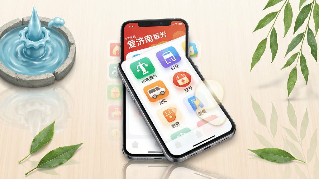 主体为手机界面展示“爱济南”生活服务板块,屏幕上有水电燃气、公交、挂号、缴费等彩色图标网格;布局为手机平放于浅色桌面,周围散落济南特色元素如泉水、柳叶;排版为俯视视角,手机屏幕为视觉中心;风格为明亮清新的UI展示图;细节包括图标阴影、屏幕高光、桌面倒影;画质为高清、干净、无多余元素