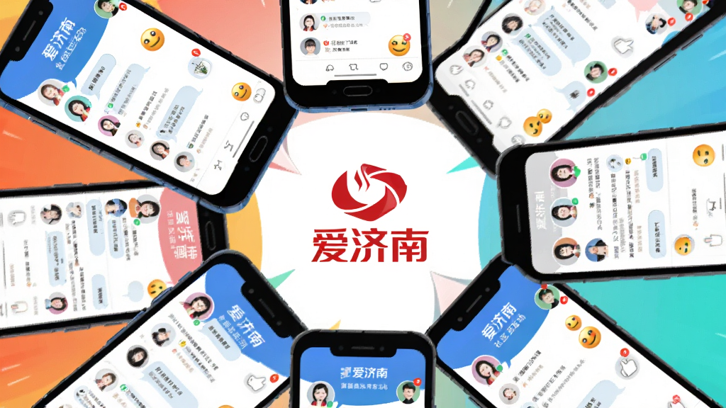 主体为多部手机环绕排列,每部屏幕显示“爱济南”社区互动界面,包含用户头像、评论、点赞图标;布局为放射状排列,中心为爱济南Logo;排版动感活泼,色彩丰富;风格为社交应用宣传插画;细节包括对话气泡、表情符号、通知红点;画质为高清、干净、无多余元素