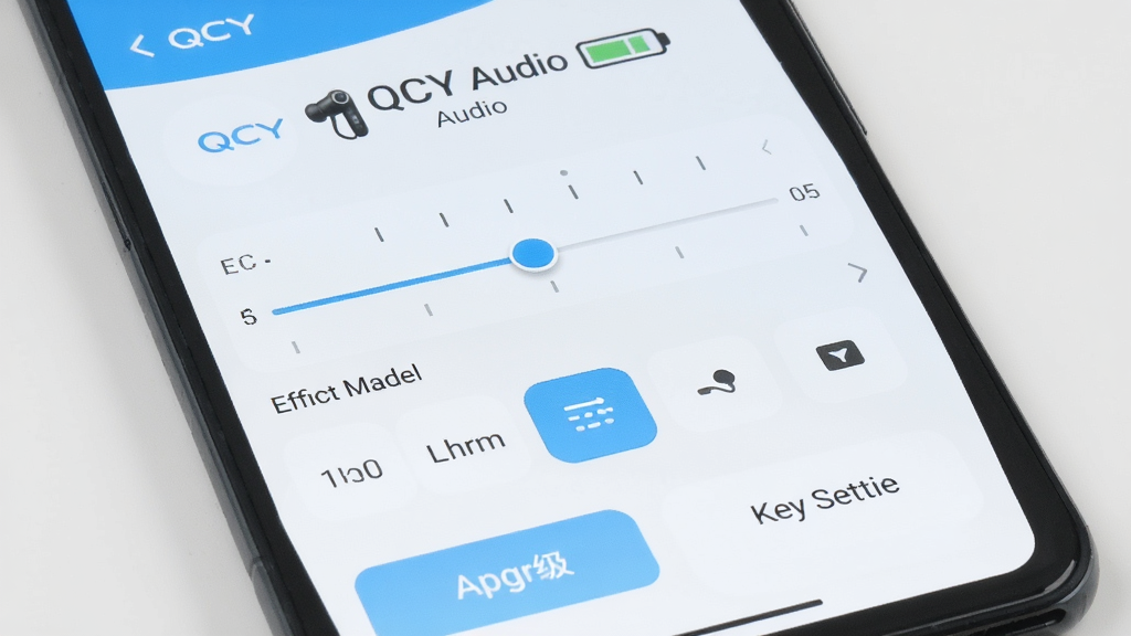 一张手机屏幕展示QCY Audio应用主界面,界面以白色和浅蓝色为主色调,顶部显示已连接的QCY耳机名称和电量图标,中部展示均衡器调节滑块和音效模式选项,底部有固件升级和按键设置入口,整体风格简洁现代,背景为干净的浅灰色,画质清晰,无多余元素