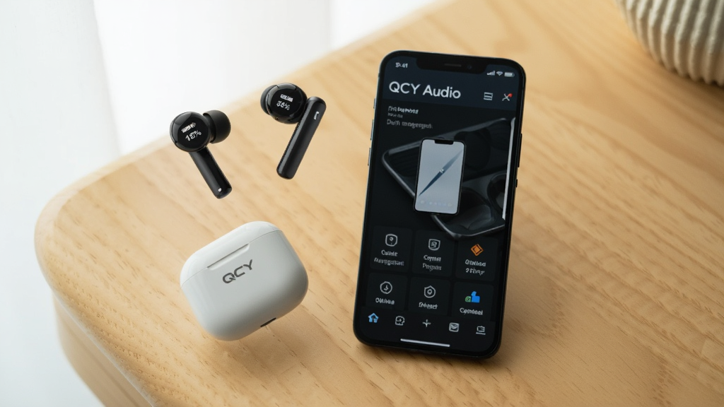 一部手机放在桌面上,屏幕显示QCY Audio的设备管理页面,画面中有两只QCY无线耳机悬浮在手机旁边,耳机和充电仓都显示电量百分比,背景是木质桌面和柔和的自然光,风格清新写实,画质细腻干净