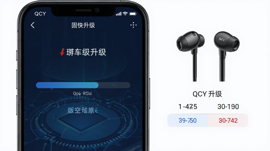QCY Audio固件升级界面截图风格,手机屏幕显示进度条和升级提示文字,旁边有QCY耳机图案和版本号对比,背景为深蓝色渐变科技风格,画面干净整洁,画质高清