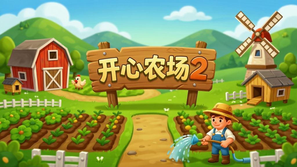 一幅卡通风格的乡村农场全景图,画面中央是