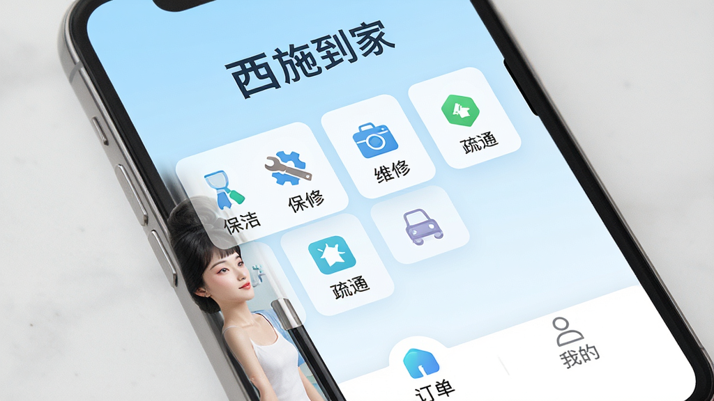 手机屏幕展示西施到家应用主界面,上方有醒目的“西施到家”文字标识,界面中间排列着保洁、维修、疏通等多个服务分类图标,底部有订单和我的页面入口,背景为浅蓝色渐变,整体布局清晰整洁,风格现代简约,细节精致,画质高清,干净无多余元素