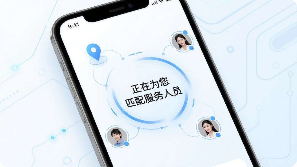 西施到家应用内智能派单界面,手机屏幕中央显示“正在为您匹配服务人员”的动态提示,周围环绕着地理位置图标和服务人员头像,背景为白色与淡蓝色搭配,风格科技感十足,布局简洁明了,画质高清,干净无多余元素
