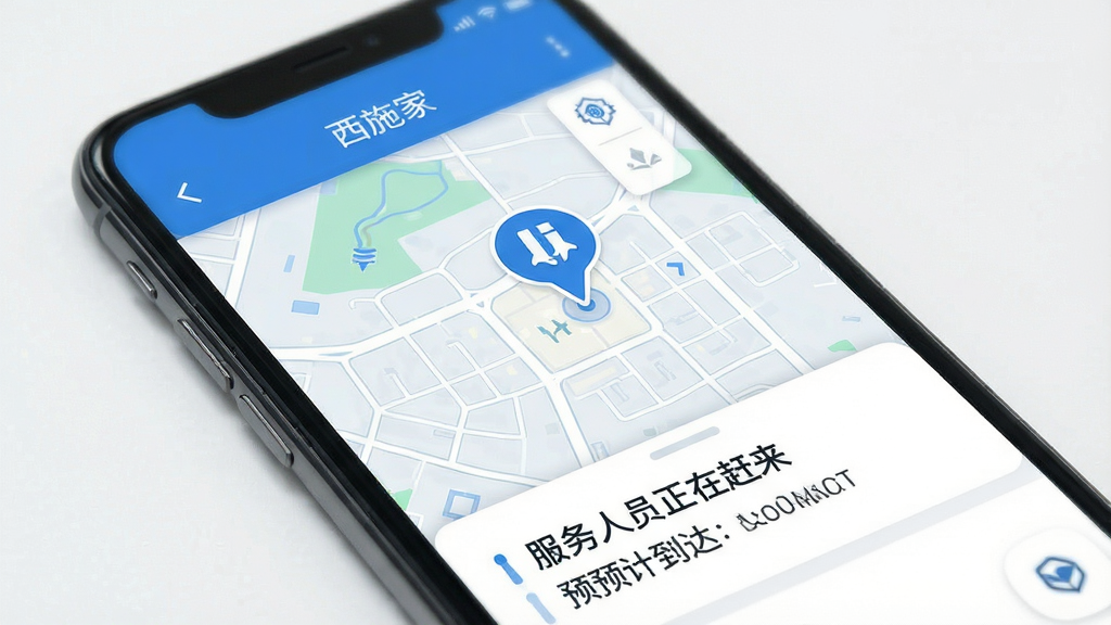 西施到家订单跟踪页面,手机屏幕显示地图界面,地图上有一个移动的服务人员图标,下方显示“服务人员正在赶来”的文字提示和预计到达时间,界面风格清爽,配色以蓝白为主,布局合理,画质高清,干净无多余元素