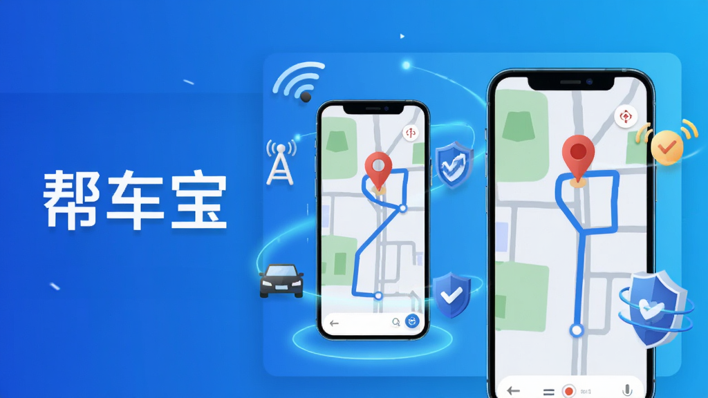 帮车宝软件主界面展示图,画面中央放置一部智能手机,手机屏幕上显示车辆定位地图与轨迹路线,地图上有红色定位图标和蓝色行驶轨迹线,手机周围环绕汽车、GPS信号、盾牌安全图标等元素,整体布局为横向构图,左侧为文字区域写着帮车宝,右侧为手机界面特写,风格为科技感扁平化插画,细节包含渐变蓝色背景、光晕效果、简洁图标,画质高清,干净,无多余元素