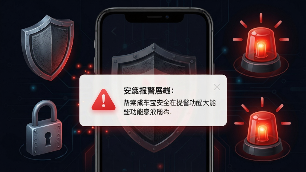 帮车宝安全报警提醒功能展示图,画面主体为手机屏幕弹出报警通知卡片,卡片上有红色警示图标和文字提醒,背景为深色科技感界面,周围环绕盾牌、锁、警报灯等安全元素,布局为居中构图,风格为暗色系科技插画,细节包含红色光效、盾牌纹理、通知弹窗,画质高清,干净,无多余元素