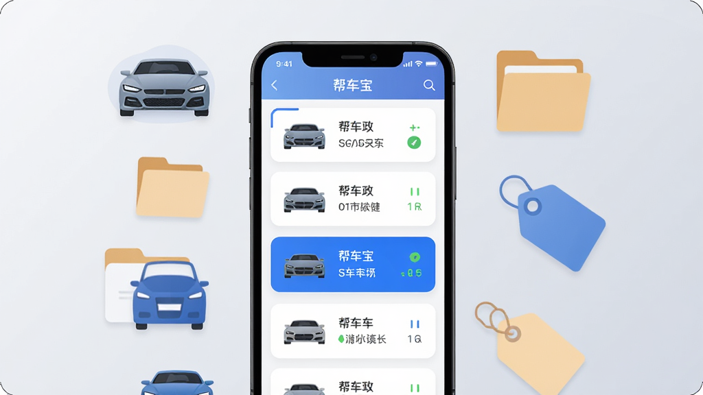 帮车宝多车统一管理功能展示图,画面中央为手机屏幕显示车辆列表界面,列表中有多辆车的图标和状态信息,背景为浅灰色渐变,周围环绕汽车、文件夹、标签等元素,布局为纵向构图,风格为简约商务扁平插画,细节包含蓝色高亮选中状态、圆角卡片、清晰文字排版,画质高清,干净,无多余元素