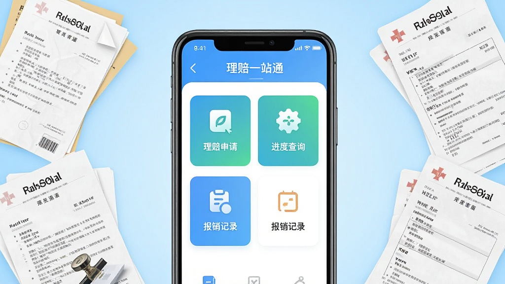 画面主体是一部智能手机,屏幕中央显示理赔一站通APP的主界面,界面中包含理赔申请、进度查询、报销记录等模块图标,手机周围环绕着文件、保单、医疗单据等元素,布局采用居中对称的排版方式,背景为浅蓝色渐变,风格简洁明亮,细节上突出手机屏幕的UI设计,画质清晰干净,无多余元素