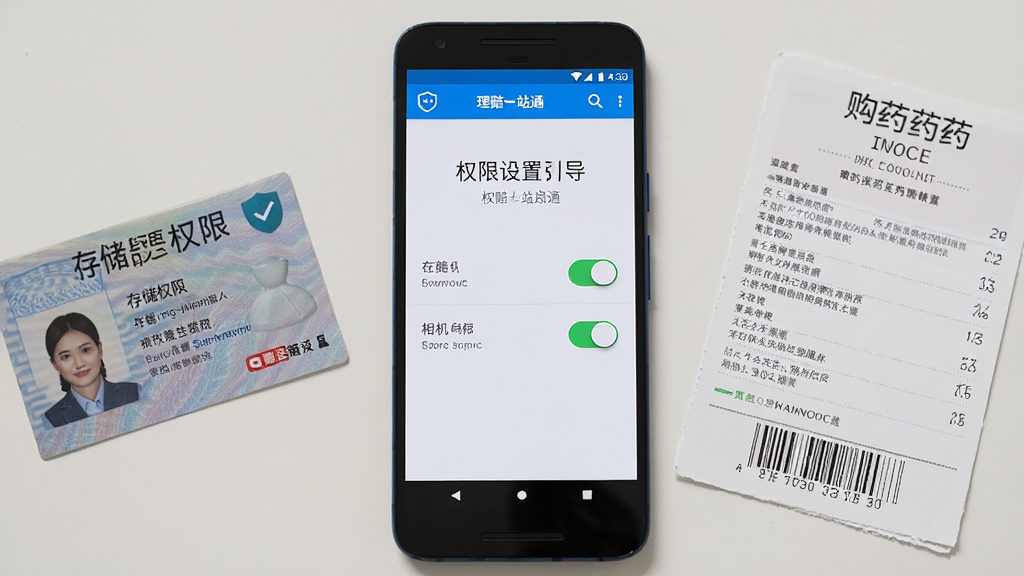 画面主体是一部安卓手机,屏幕上显示理赔一站通APP的权限设置引导页面,页面中有存储权限和相机权限的开关按钮,手机旁边放置着一张身份证和一张购药发票,布局为手机居中、证件和发票在两侧的排版,风格为写实摄影风格,细节上突出手机屏幕的权限开关状态,画质清晰,干净,无多余元素