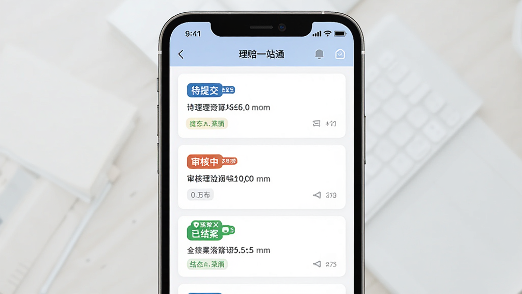 画面主体是一个手机应用界面截图风格的设计图,屏幕中显示理赔一站通APP的案件管理页面,页面上有多个理赔案件卡片,分别标注待提交、审核中、已结案等状态标签,布局为纵向列表排版,风格为扁平化UI设计,细节上突出状态标签的颜色区分,画质清晰,干净整洁,无多余元素