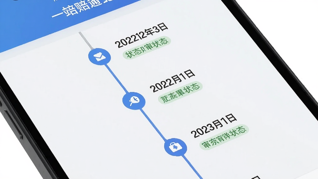 画面主体是一部手机屏幕特写,屏幕上显示理赔一站通APP的进度查询页面,页面中有时间轴形式的审核节点展示,每个节点标注了对应的日期和状态说明,布局为纵向时间轴排版,风格为现代简约的移动端UI设计,细节上突出时间轴的连接线和节点图标,画质清晰,干净,无多余元素