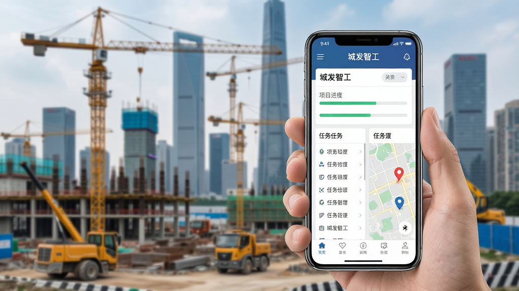 一张展示现代城市建设工程现场与智能手机应用界面的合成图片。画面中央是一部手持智能手机,屏幕显示着“城发智工”应用的主界面,包含项目进度条、任务列表和地图定位等模块。背景是高楼林立的城市天际线与正在施工的工地,塔吊和工程车辆清晰可见。布局采用三分法,手机位于前景偏右,背景虚化处理以突出主体。风格为写实商务科技风,细节包括手机屏幕上的数据图表和图标,画质清晰,干净整洁,无多余元素。